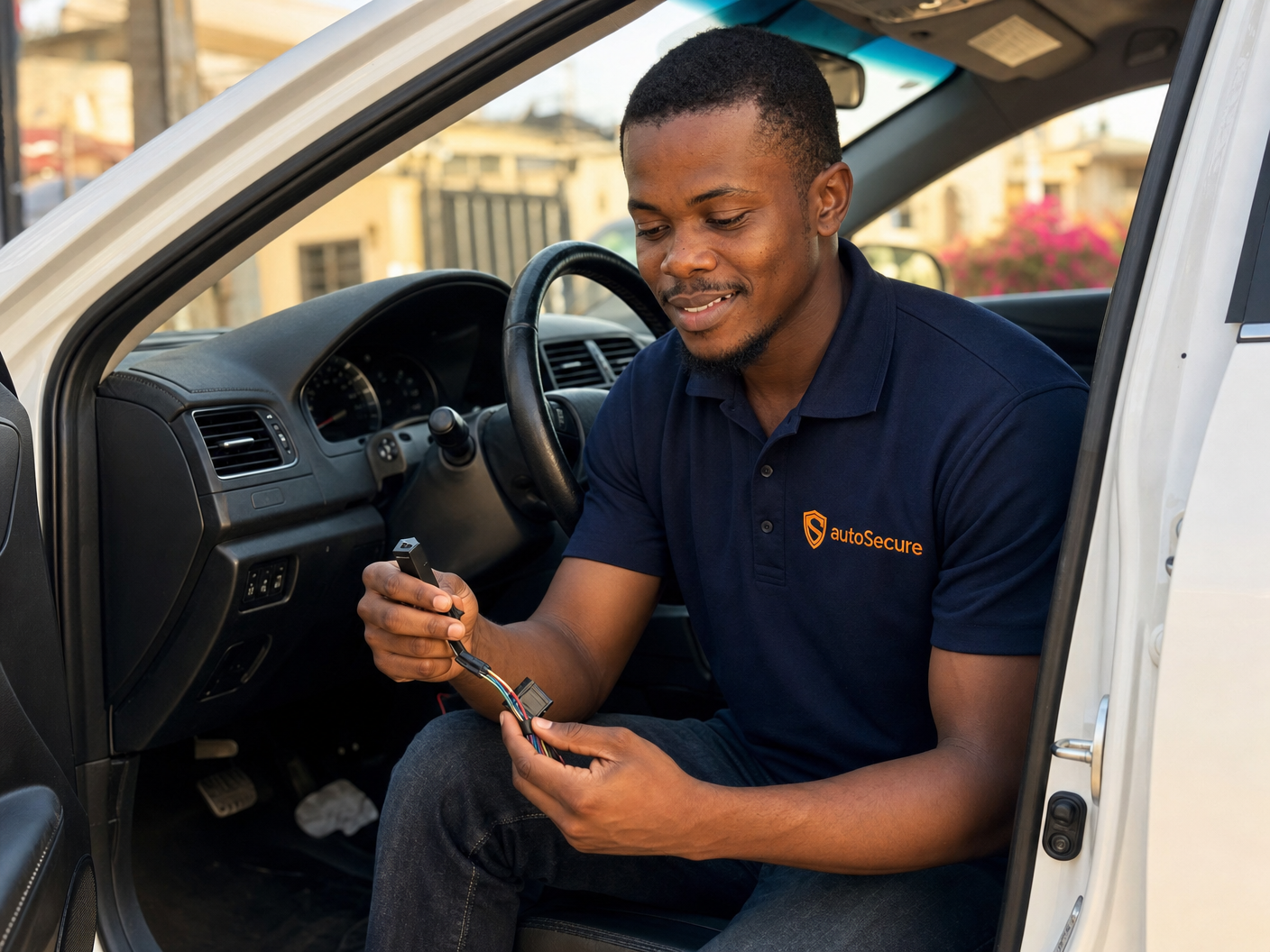 AutoSecure technician installing GPS tracker in customer's car